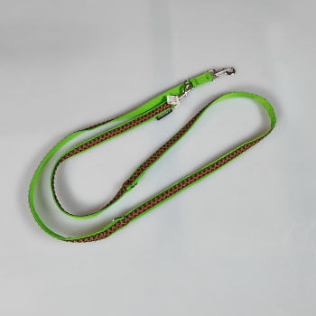 Leine 3fach verstellbar 1.6m - 2m, extra Weich neongrün, mit Lederband braun