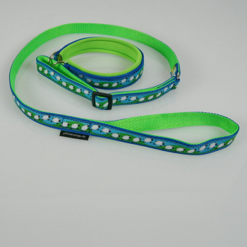 Agilityleine mit Borte und Neopren, 2.5 - 3.5cm, 25 - 45cm Schafe blau - neongrün, neongrün, blau