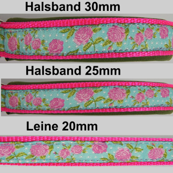 Agilityleine mit Borte und Neopren, 2.5 & 3.0cm, 25 - 45cm Rosen, olive, neonpink