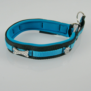 Halsband Zug-Stop, 2.5 - 3.5cm, 25 - 55cm, Neopren + Bling Bling Bling Bling Pfote-Knochen, aqua, schwarz, aqua