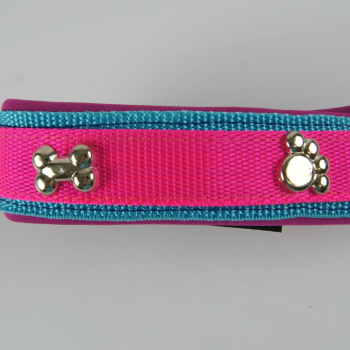 Halsband Zug-Stop, 3.5cm, 30 - 55cm, Neopren + Nieten Nieten Pfote + Knochen, pink, aqua, neonpink