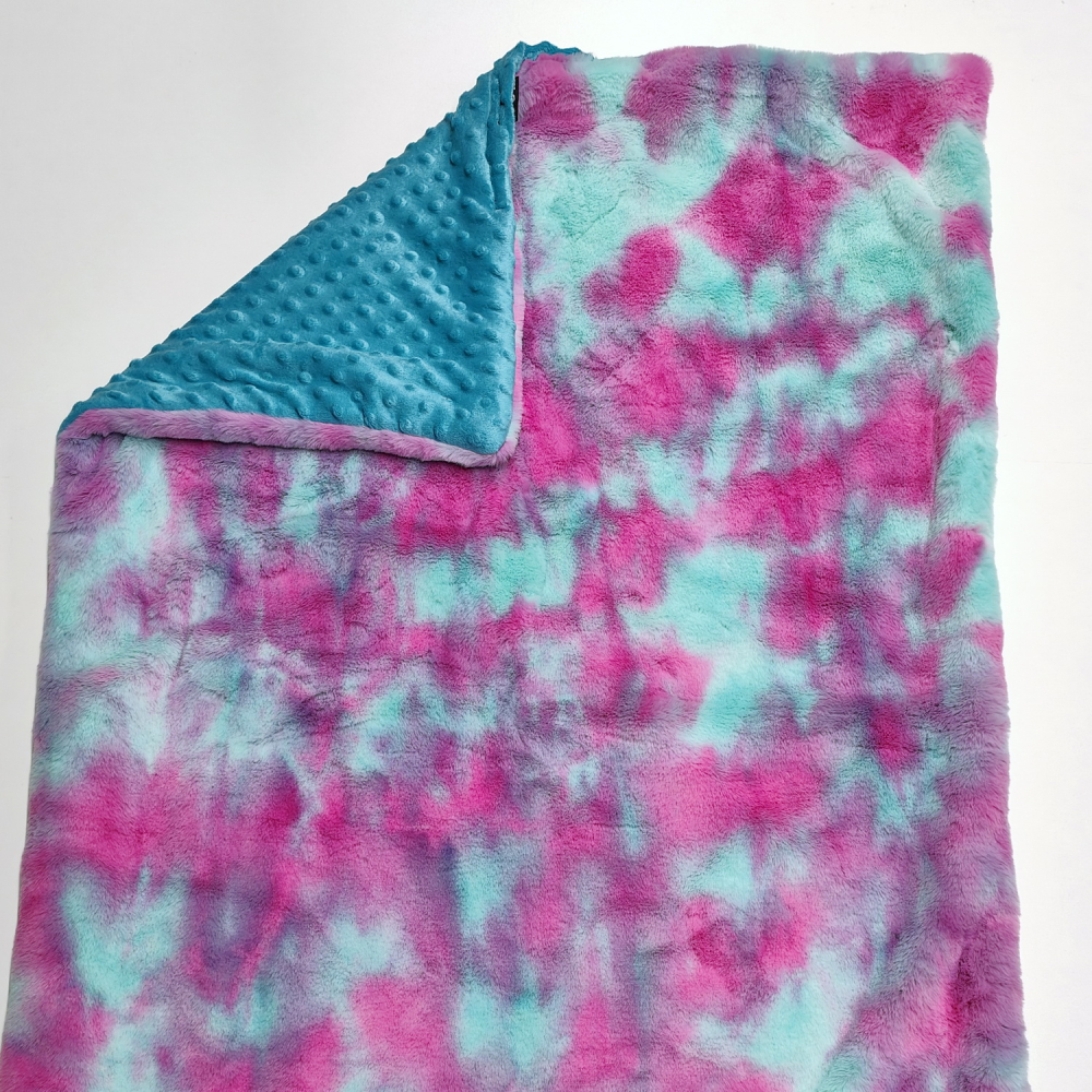 Kuscheldecke, aquablau noppen, batik mint pink teddy, grau 3-fach Fleece