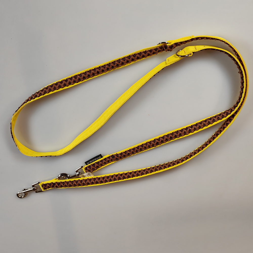 Leine 3fach verstellbar 1.6m - 2m, extra Weich gelb, mit Lederband braun