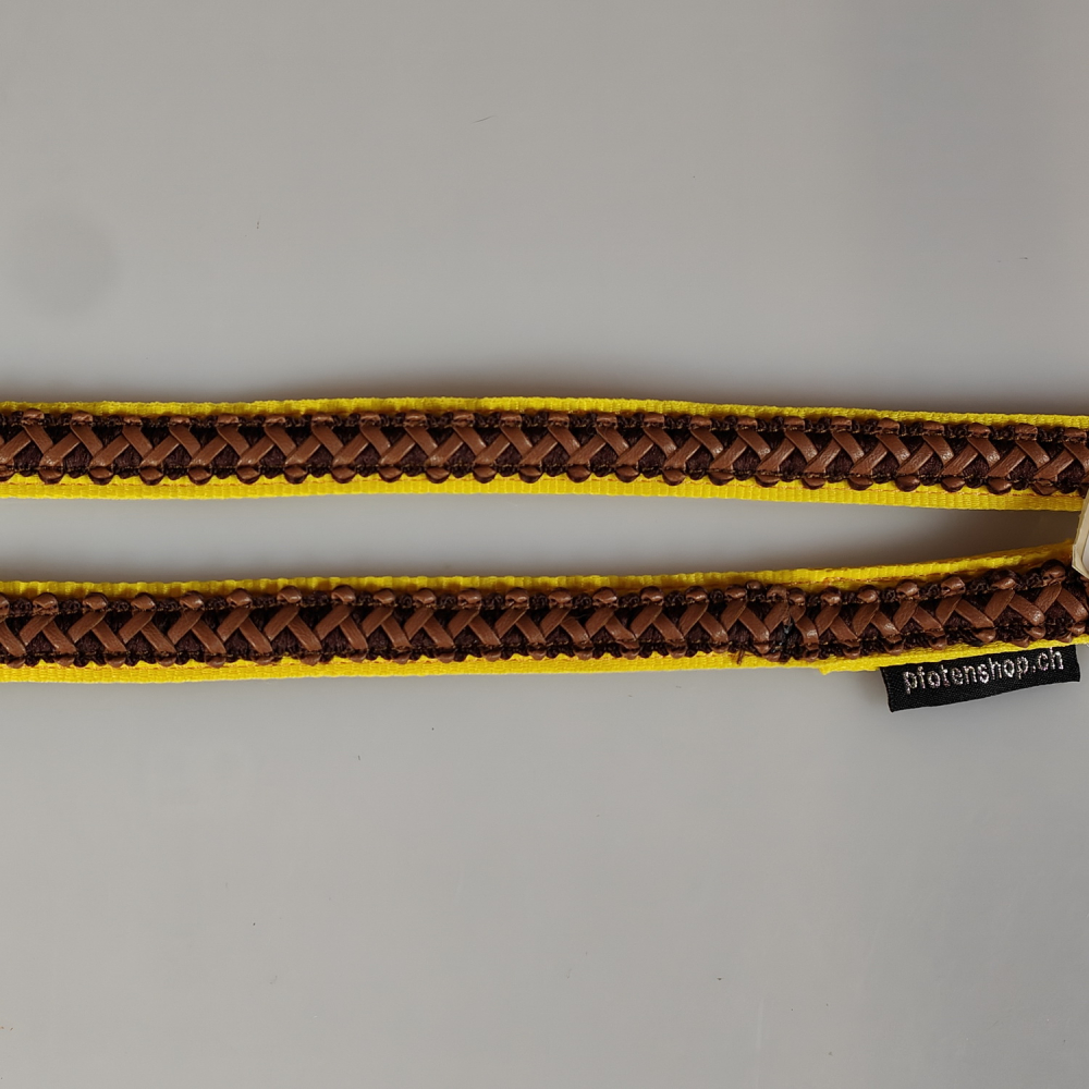 Leine 3fach verstellbar 1.6m - 2m, extra Weich gelb, mit Lederband braun
