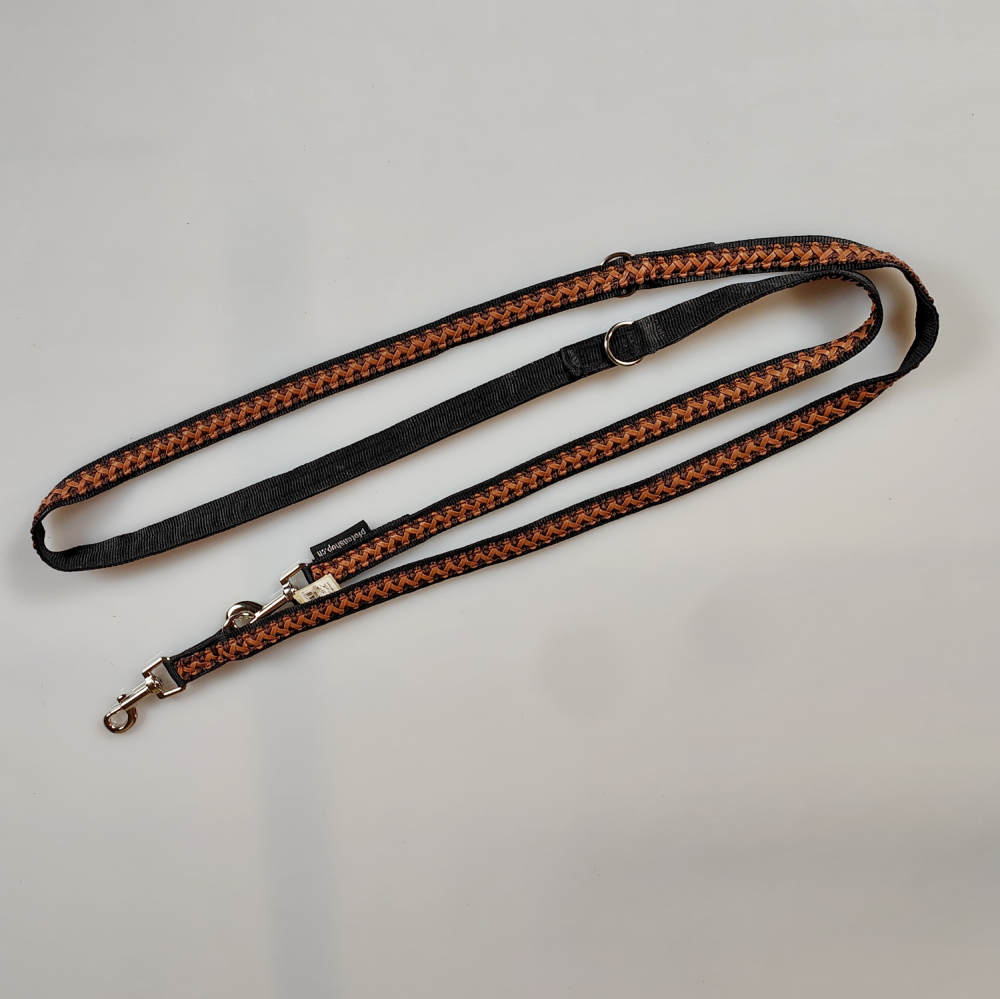 Leine 3fach verstellbar 1.6m - 2m, extra Weich schwarz, mit Lederband braun