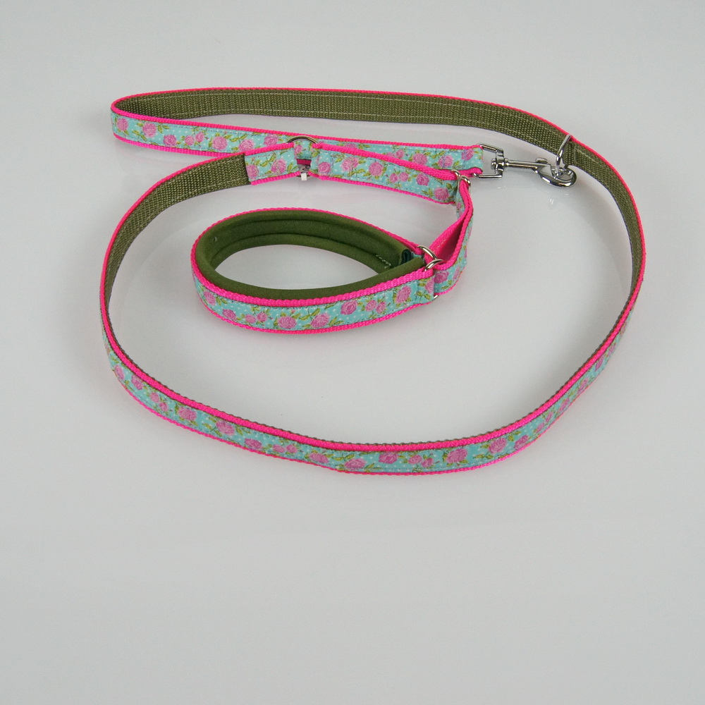 Agilityleine mit Borte und Neopren, 2.5 & 3.0cm, 25 - 45cm Rosen, olive, neonpink