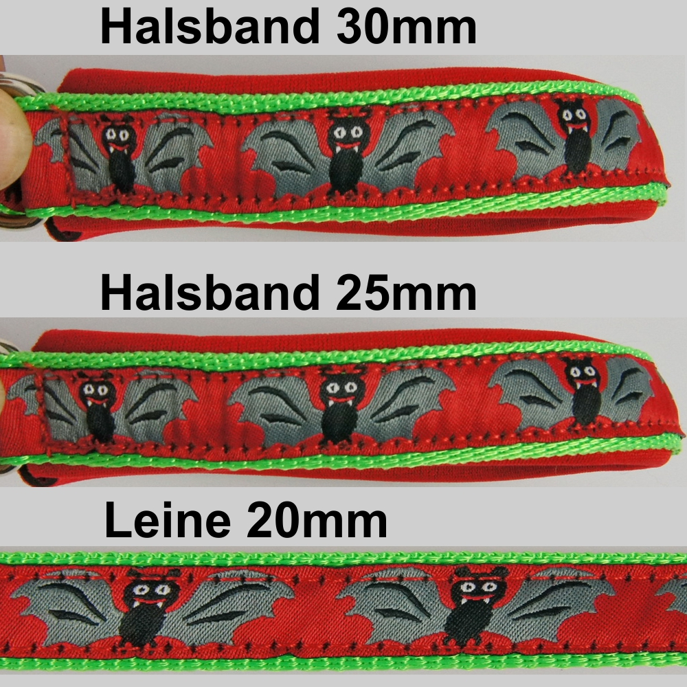 Agilityleine mit Borte und Neopren, 2.5 & 3.0cm, 25 - 45cm Fledermaus, rot, neongrün