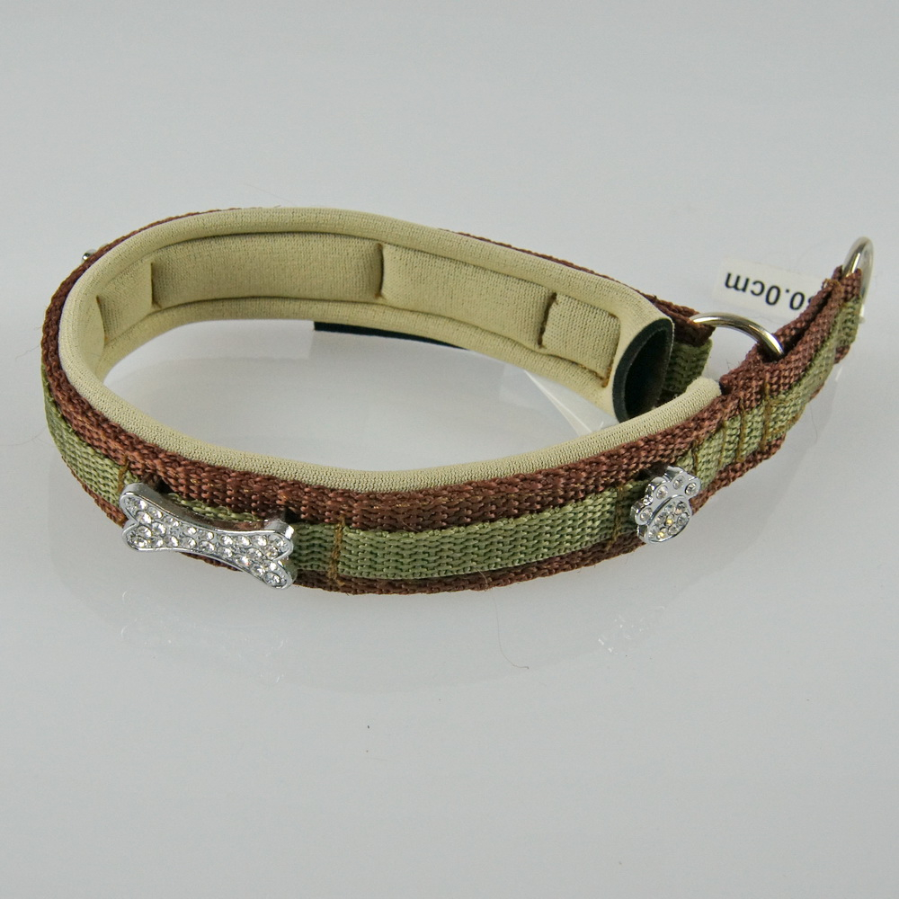 Halsband Zug-Stop, 2.5 - 3.5cm, 25 - 55cm, Neopren + Bling Bling Bling Bling Pfote-Knochen, beige, braun, olive