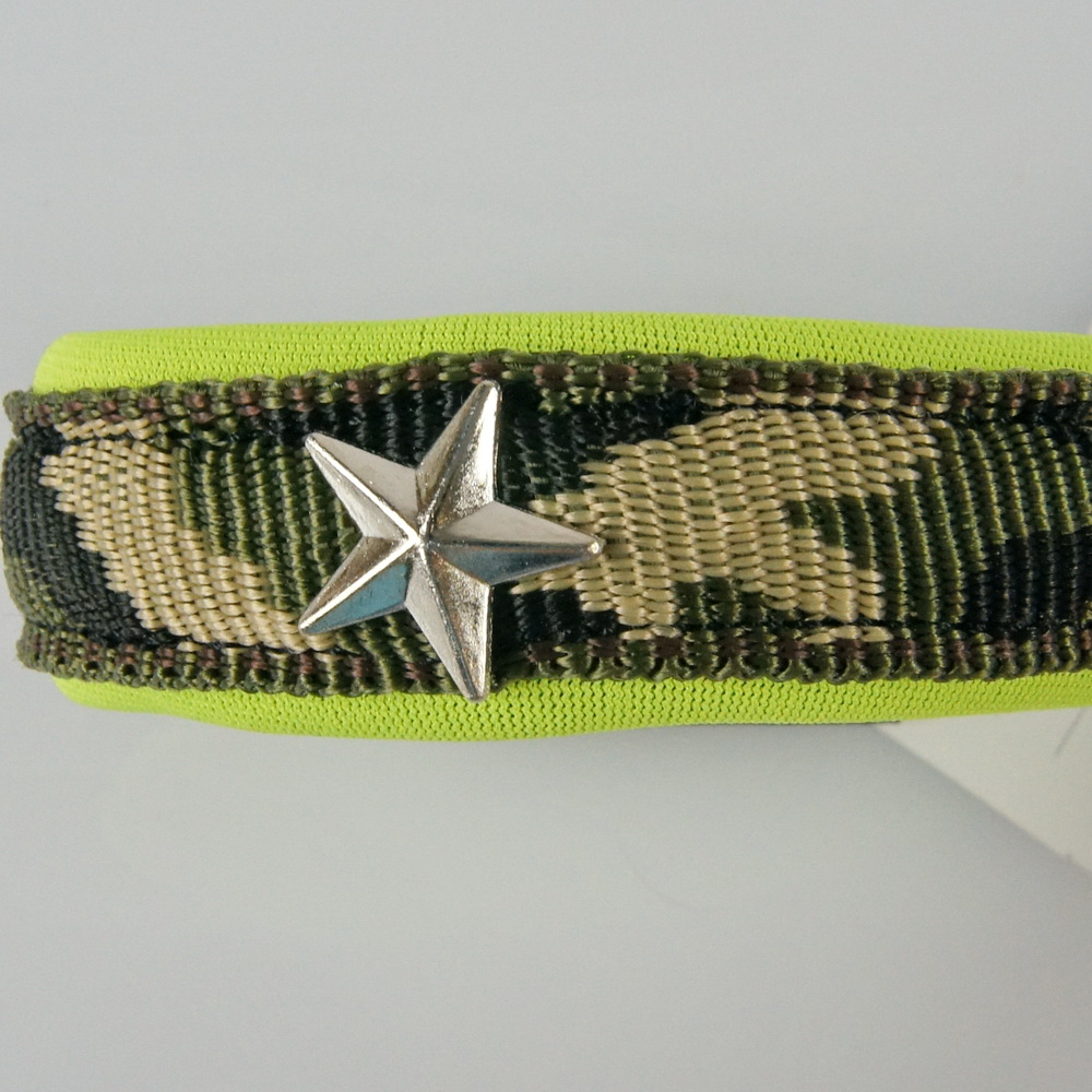 Halsband Zug-Stop, 2.0 - 3.cm, 22.5 - 55cm, Neopren + Nieten Stern, neongelb, Army grün