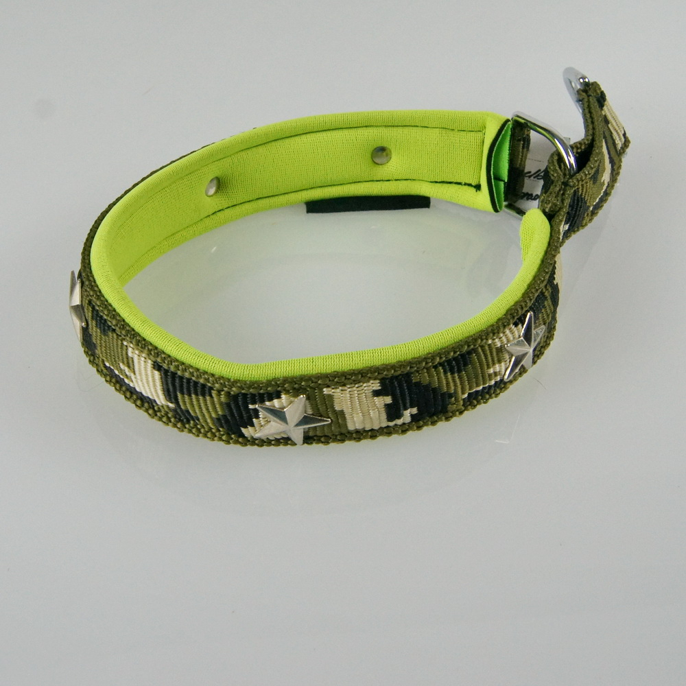 Halsband Zug-Stop, 2.0 - 3.cm, 22.5 - 55cm, Neopren + Nieten Stern, neongelb, Army grün