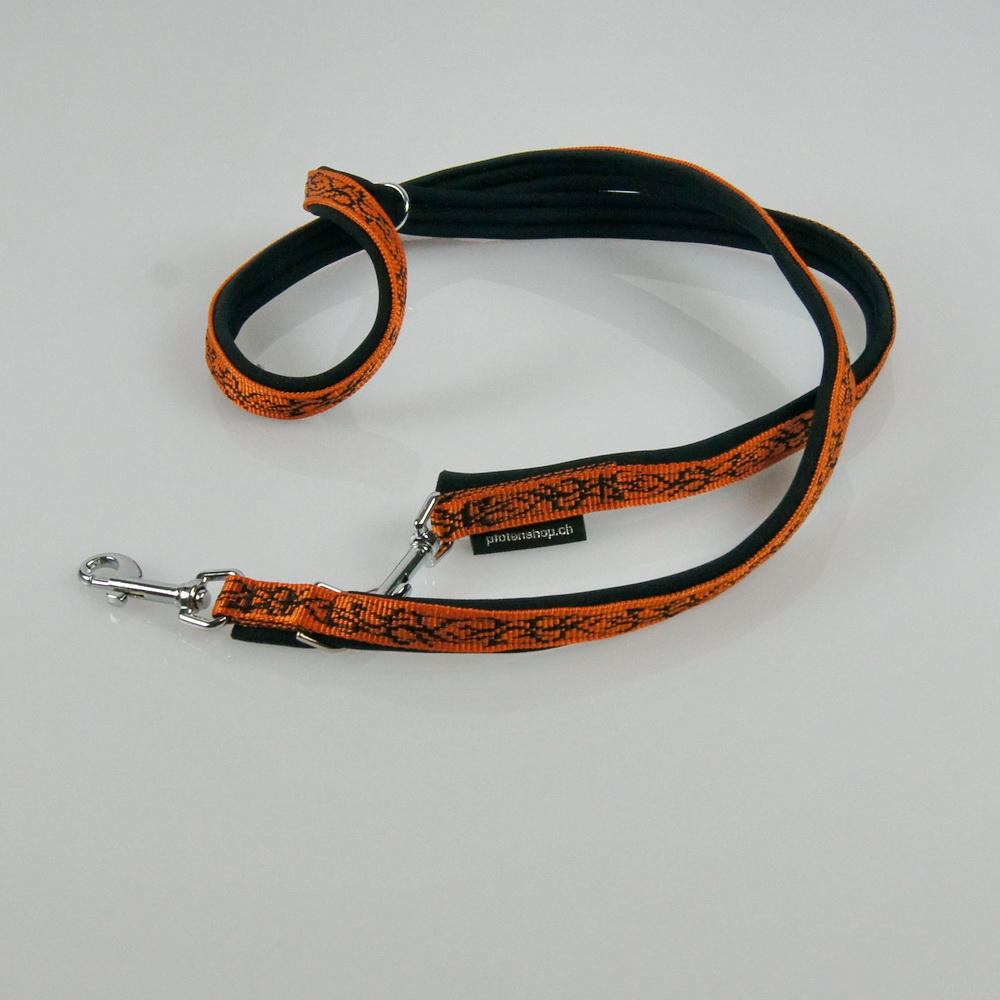 Leine mit Neopren, 3fach verstellbar 1.5m,  20 - 30mm Tattoo orange - schwarz